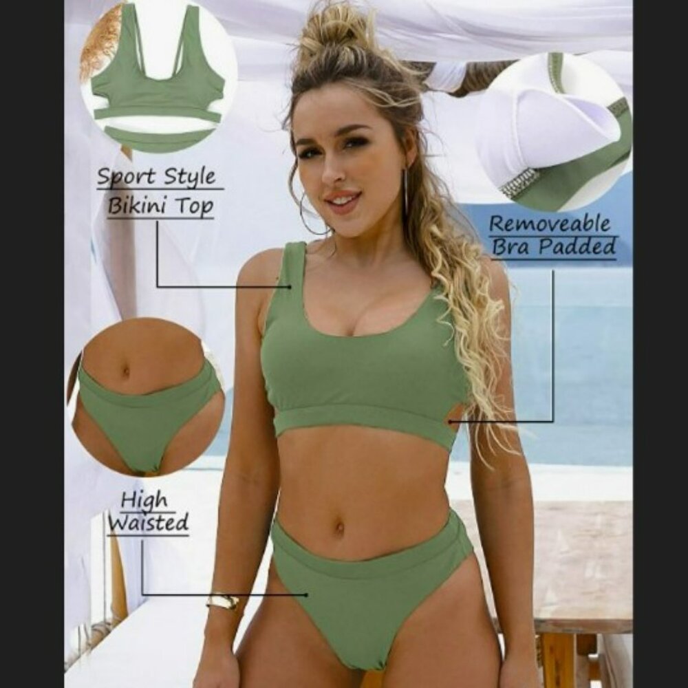 Blooming Jelly Women L 2-Piece Green High Waisted Halter Crop Top Bikini Swimsui - Picture 3 of 13